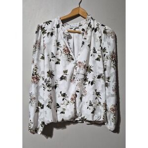Blousology Womens‎ Floral Ruffle  Blouse White Long Sleeve Button Front Size L